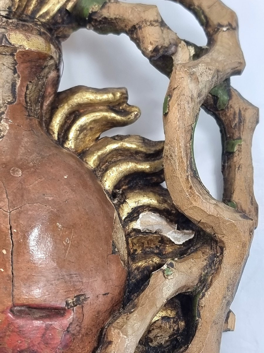 Cœur sacré enflammé et saignant, en bois polychrome, 36 cm, époque française du XVII-photo-3