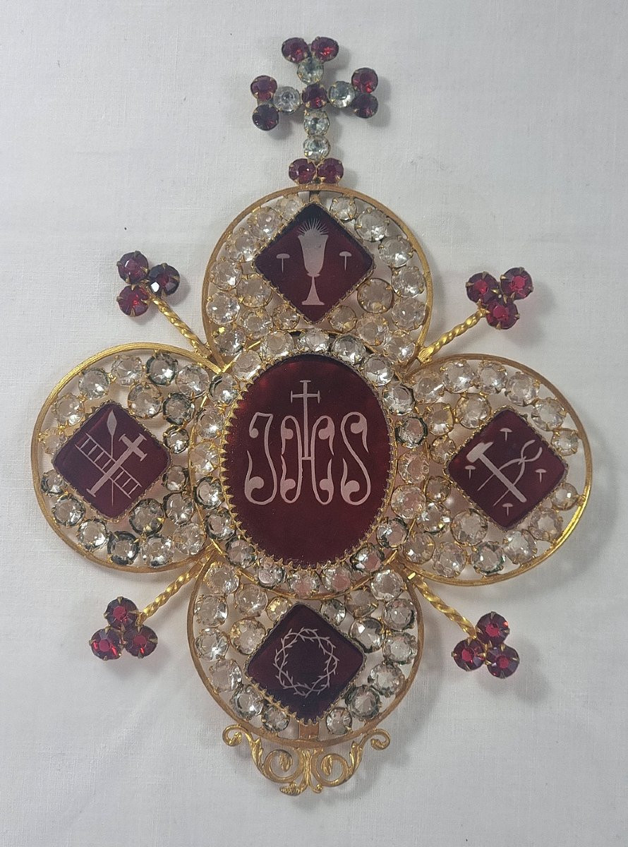 Antique 19th Century French Religious Ornament In Gilded Crystal And Ruby Red/white Rhinestones, -photo-2