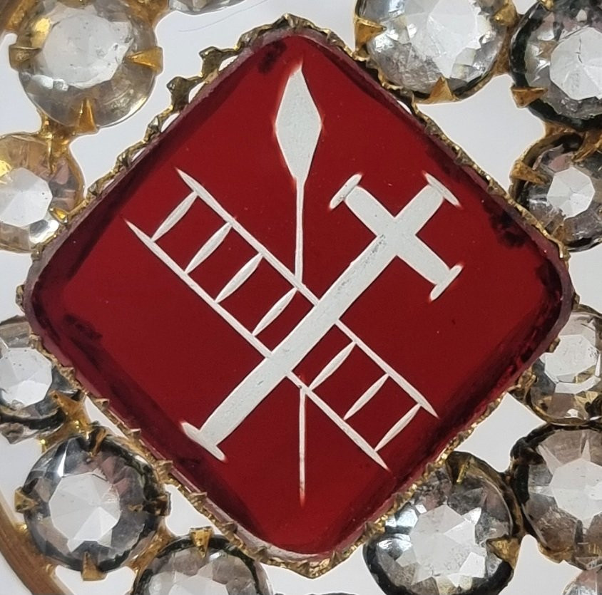 Antique 19th Century French Religious Ornament In Gilded Crystal And Ruby Red/white Rhinestones, -photo-4