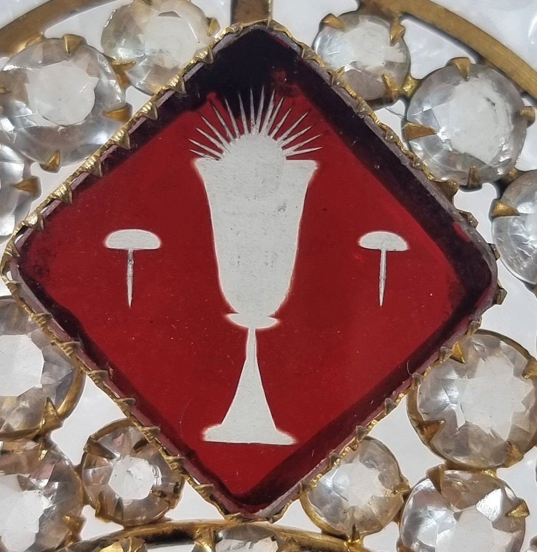 Antique 19th Century French Religious Ornament In Gilded Crystal And Ruby Red/white Rhinestones, -photo-3