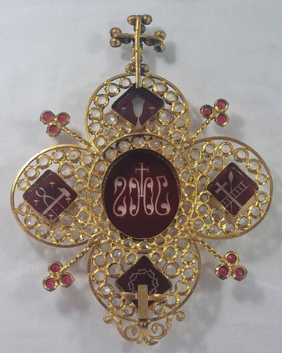Antique 19th Century French Religious Ornament In Gilded Crystal And Ruby Red/white Rhinestones, -photo-4