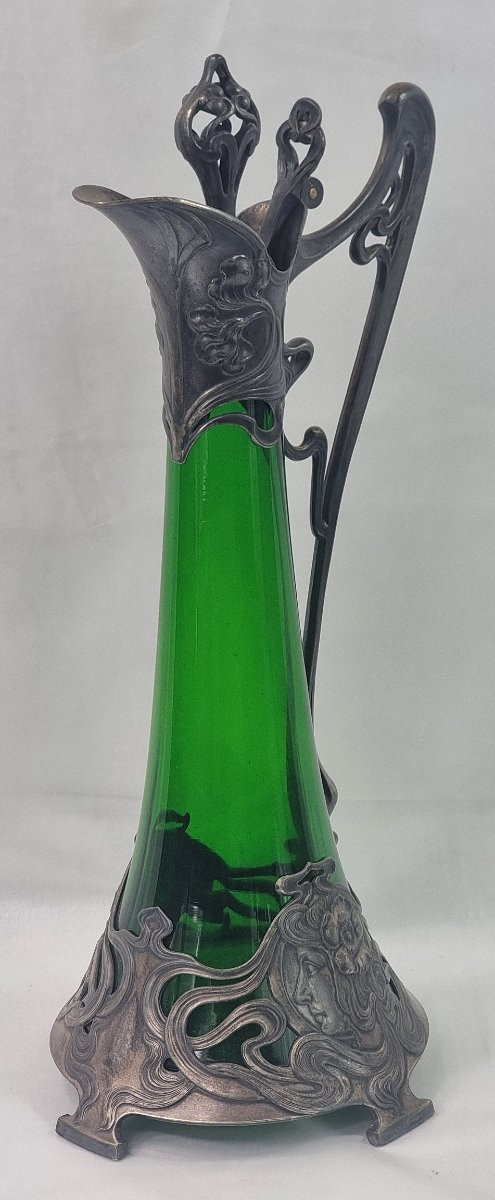 Carafe à vin allemande antique Art Nouveau 1906 en étain argenté WMF en verre d'art-photo-2