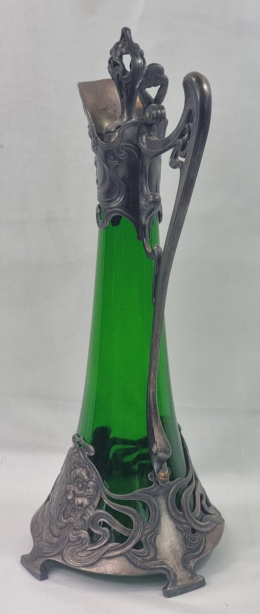 Carafe à vin allemande antique Art Nouveau 1906 en étain argenté WMF en verre d'art-photo-3