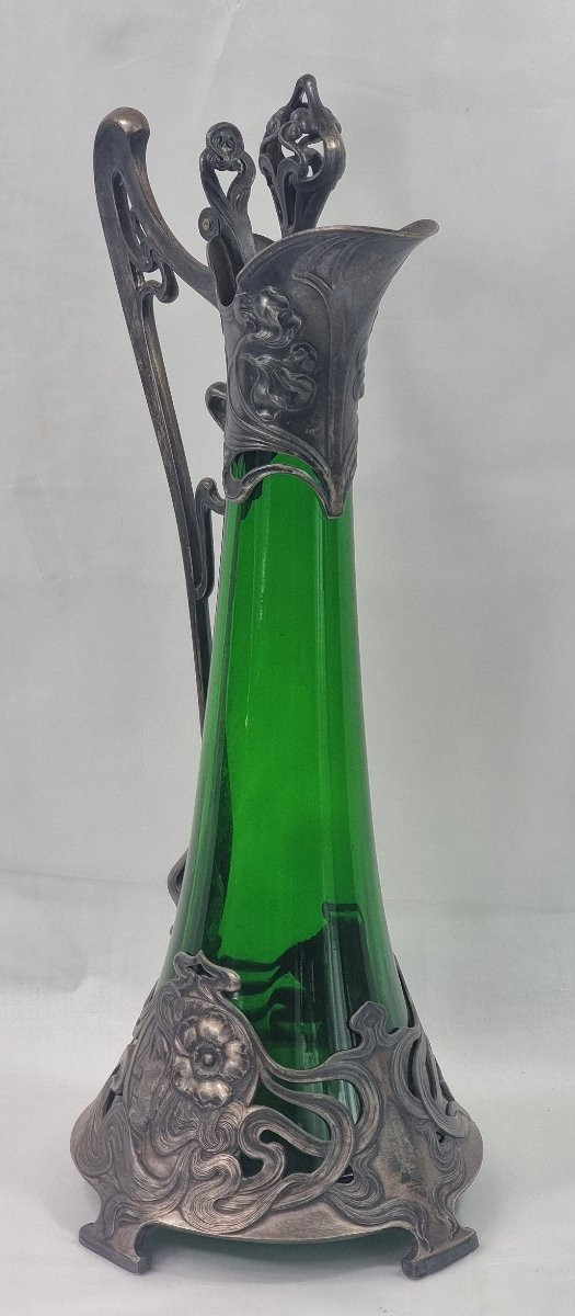 Carafe à vin allemande antique Art Nouveau 1906 en étain argenté WMF en verre d'art-photo-4
