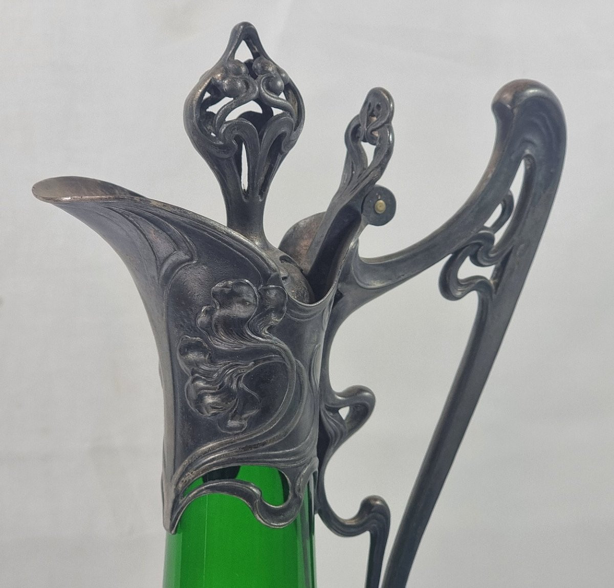Carafe à vin allemande antique Art Nouveau 1906 en étain argenté WMF en verre d'art-photo-1