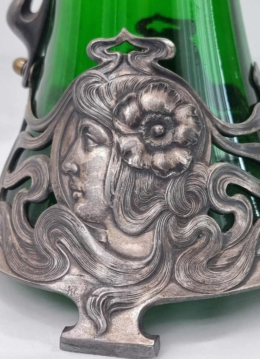 Carafe à vin allemande antique Art Nouveau 1906 en étain argenté WMF en verre d'art-photo-3