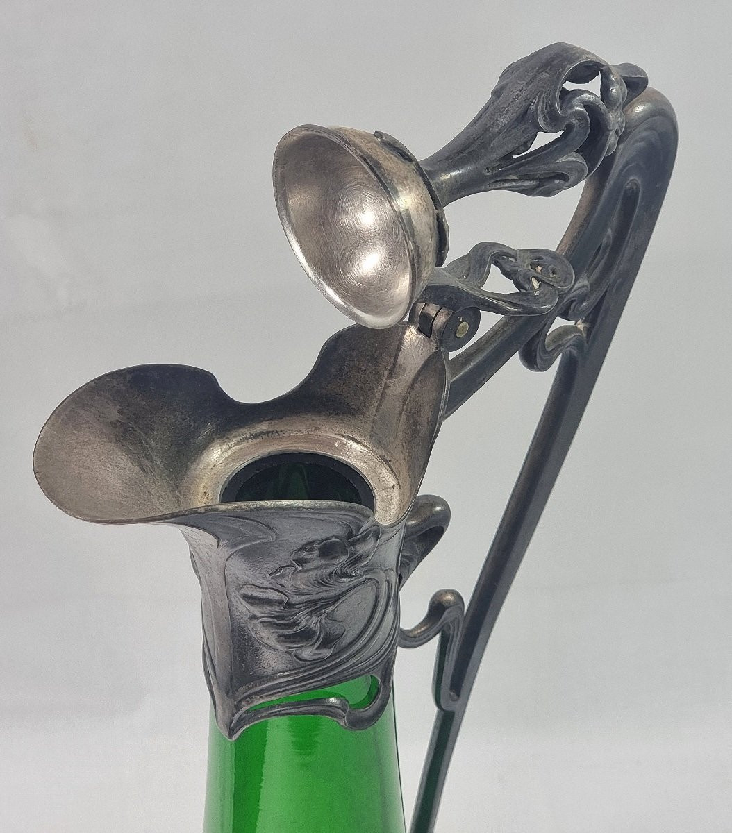 Carafe à vin allemande antique Art Nouveau 1906 en étain argenté WMF en verre d'art-photo-4