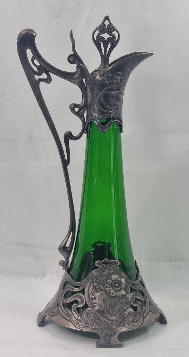 Carafe à vin allemande antique Art Nouveau 1906 en étain argenté WMF en verre d'art