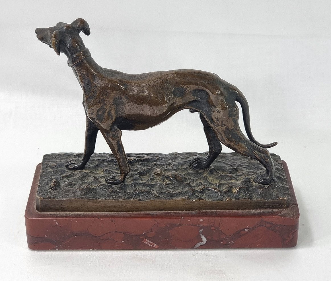 Presse-papiers de bureau ancien en bronze français Whippet sur socle en marbre-photo-2