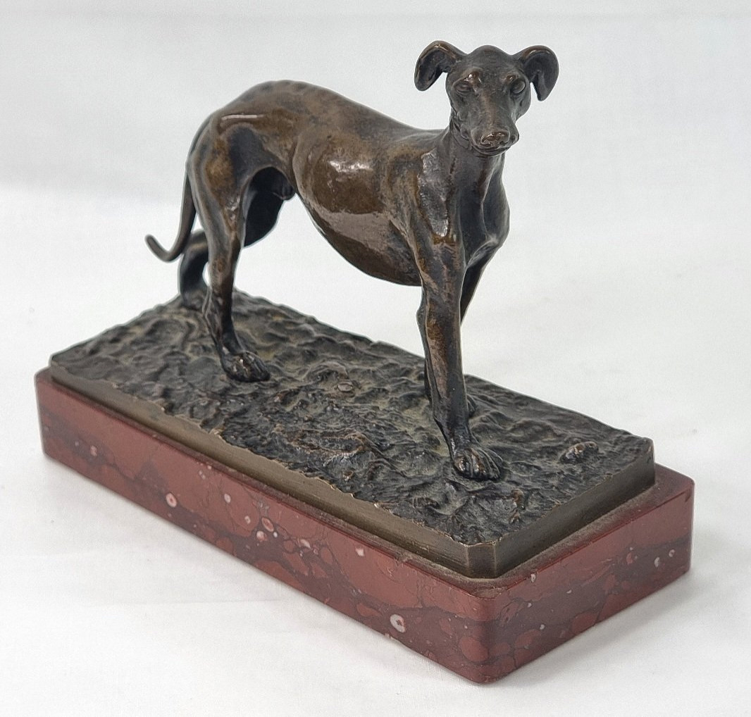 Presse-papiers de bureau ancien en bronze français Whippet sur socle en marbre-photo-3