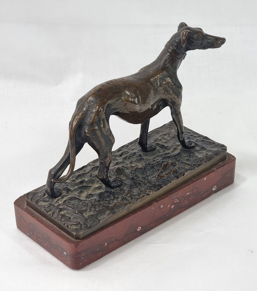 Presse-papiers de bureau ancien en bronze français Whippet sur socle en marbre-photo-4