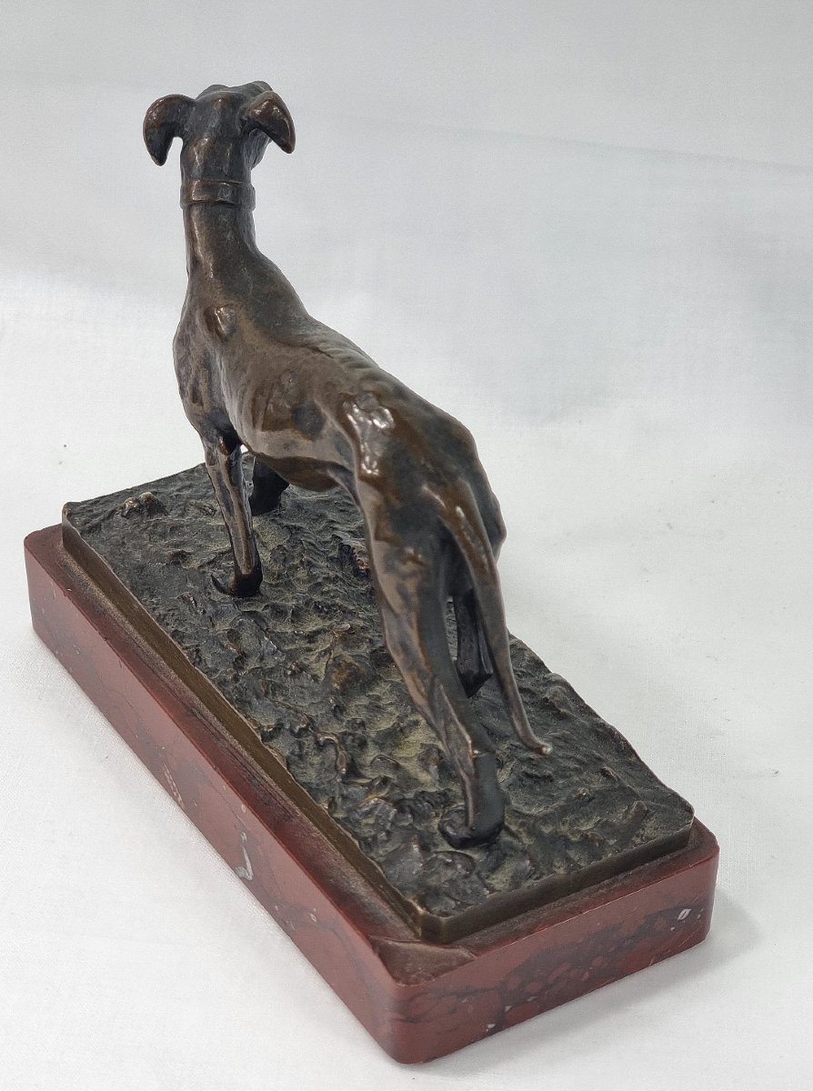 Presse-papiers de bureau ancien en bronze français Whippet sur socle en marbre-photo-4