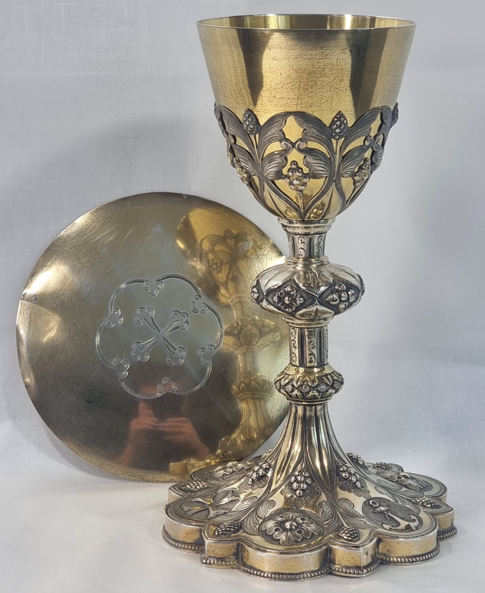 Antique 22.2 Cm Chalice In 950/1000 Sterling Silver With Vermeil, Gothic Style, With Paten