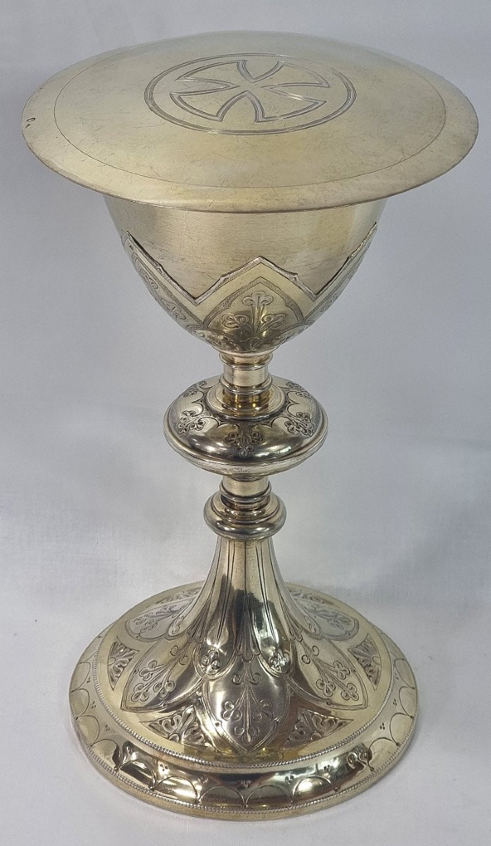 22 Cm Chalice In 950/1000 Sterling Silver With Vermeil, Gothic Style, H.negre Paten-photo-2