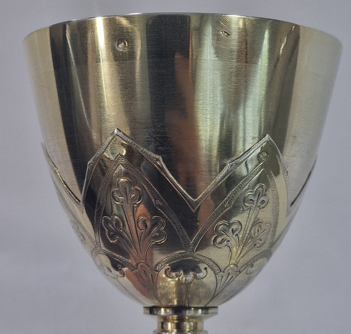 22 Cm Chalice In 950/1000 Sterling Silver With Vermeil, Gothic Style, H.negre Paten-photo-3