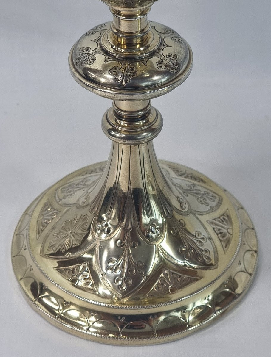 22 Cm Chalice In 950/1000 Sterling Silver With Vermeil, Gothic Style, H.negre Paten-photo-4