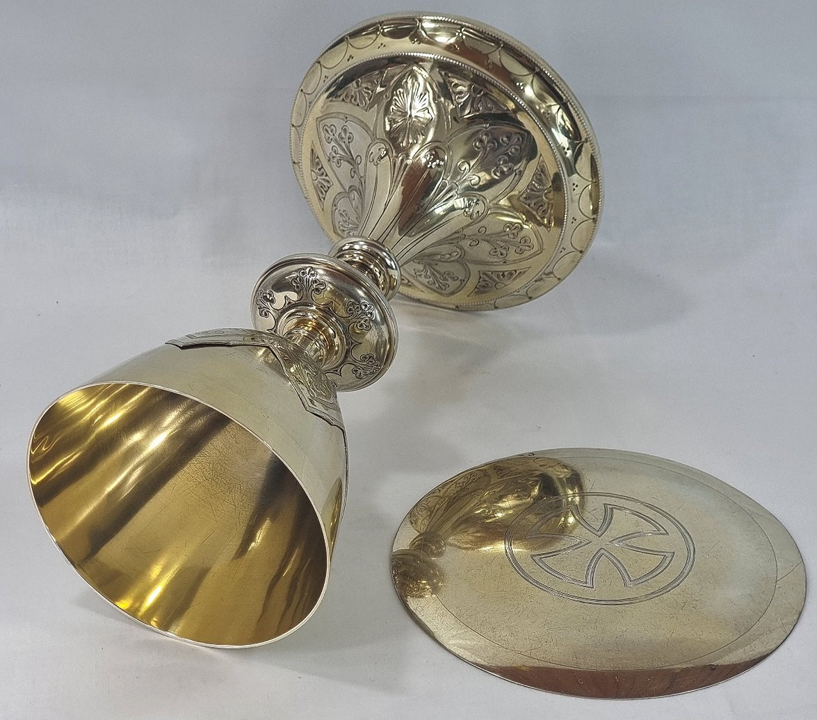 22 Cm Chalice In 950/1000 Sterling Silver With Vermeil, Gothic Style, H.negre Paten-photo-1