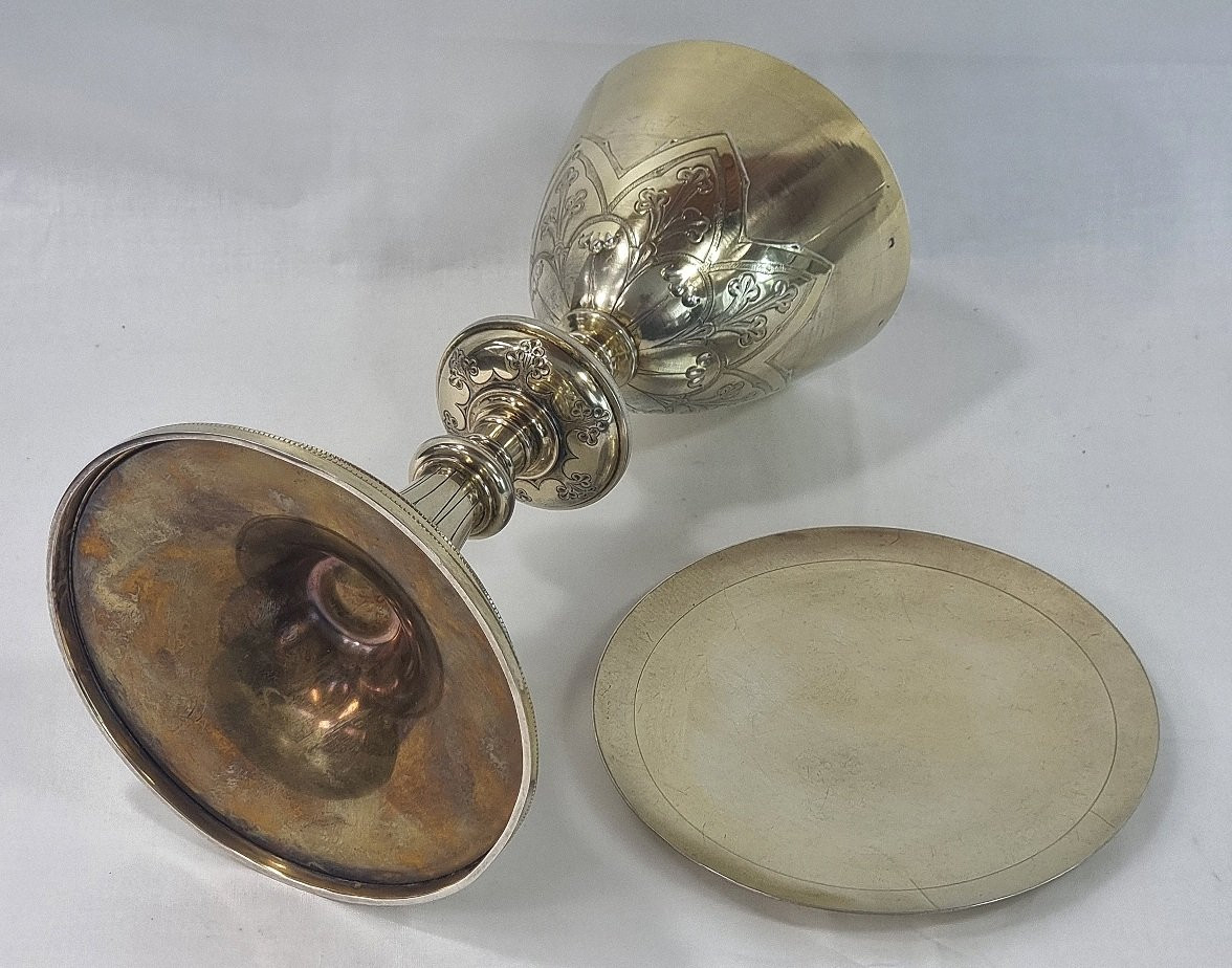 22 Cm Chalice In 950/1000 Sterling Silver With Vermeil, Gothic Style, H.negre Paten-photo-7