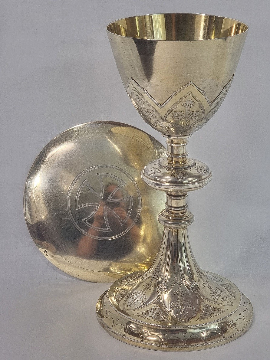 22 Cm Chalice In 950/1000 Sterling Silver With Vermeil, Gothic Style, H.negre Paten