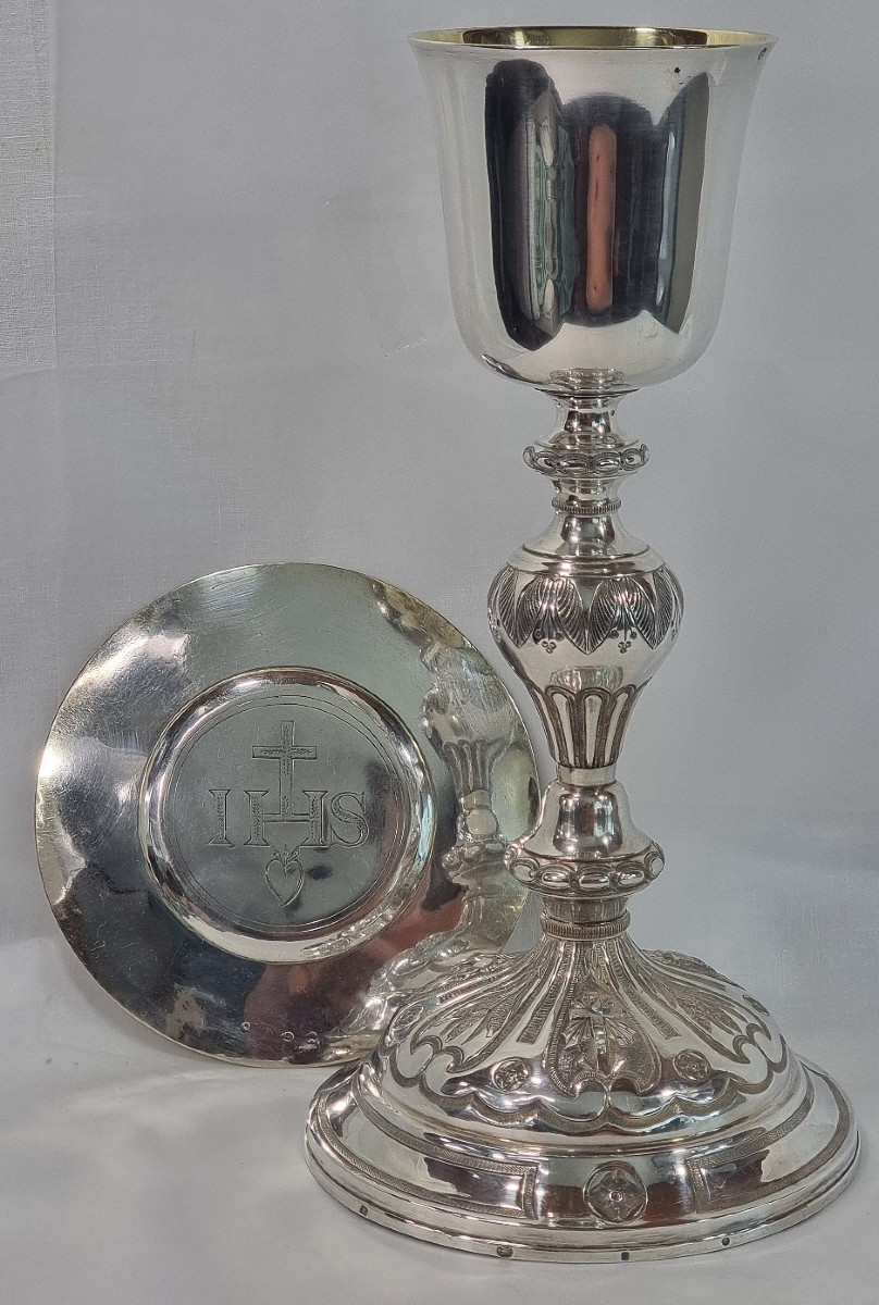 Calice d'église catholique italienne de 27,8 cm avec patène en argent sterling 900/100 vermeil 