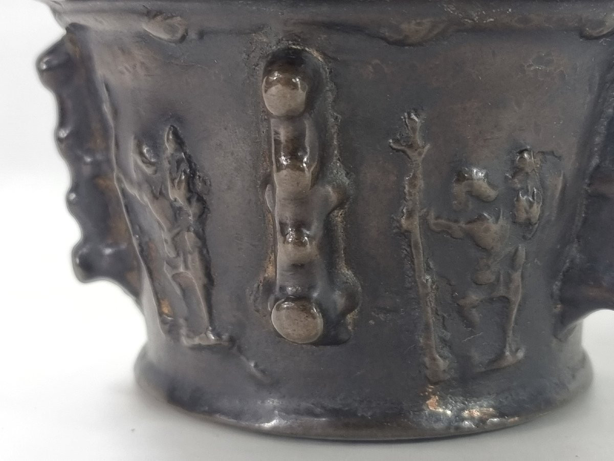  Antique Spanish Bronze Mortar From The 16th-17th Century With Saint Christopher-photo-4