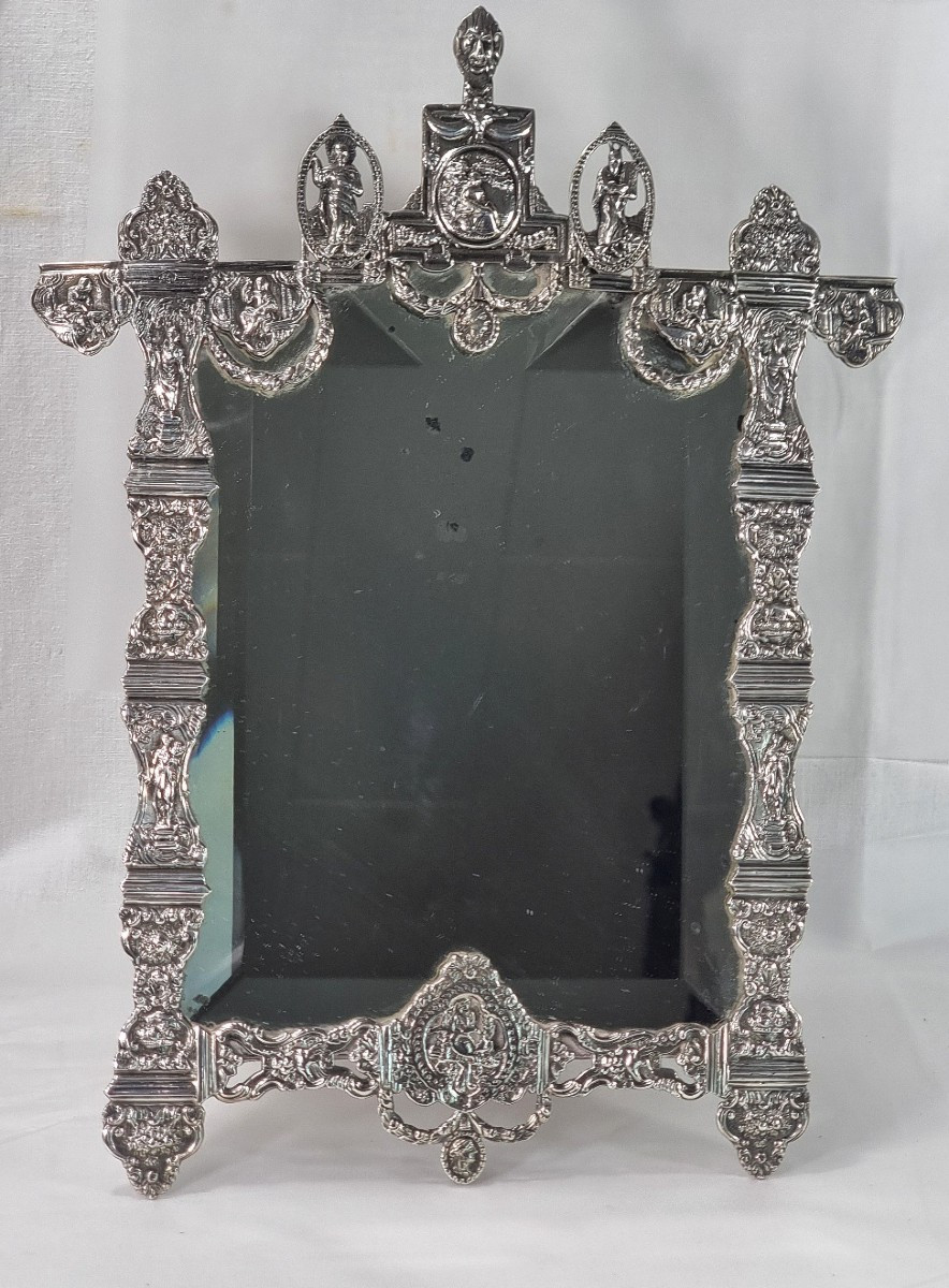 Miroir antique en argent sterling hollandais du XIXe siècle, décoré de scènes bibliques