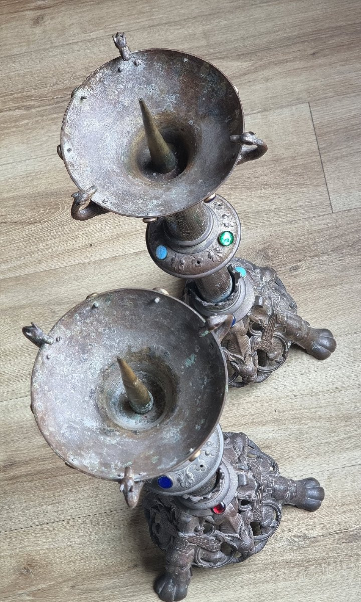 Antique Set Of Two Large Neo-gothic Church Chandeliers With Glass Stones-photo-3