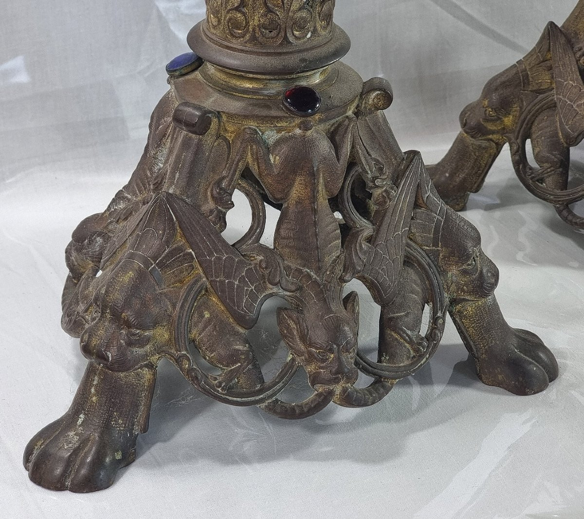 Antique Set Of Two Large Neo-gothic Church Chandeliers With Glass Stones-photo-1