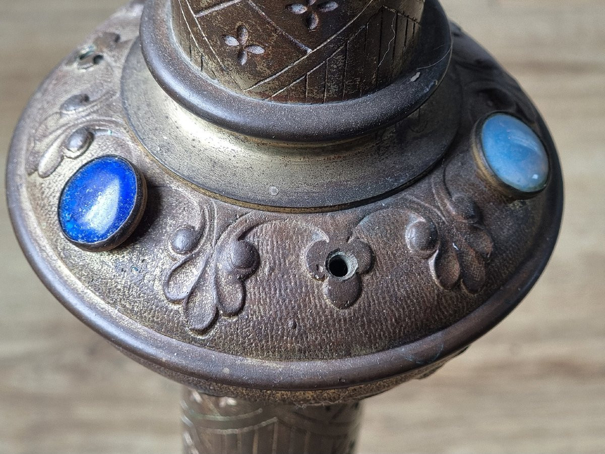 Antique Set Of Two Large Neo-gothic Church Chandeliers With Glass Stones-photo-6