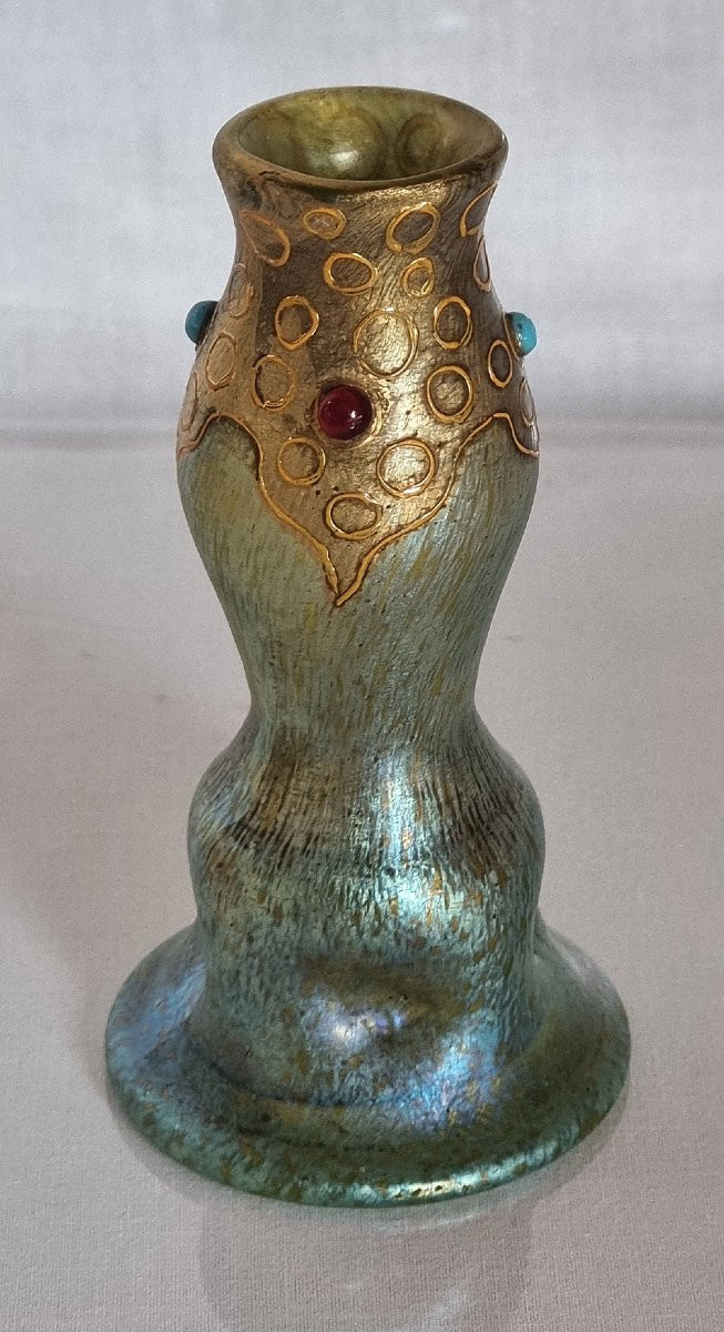 Loetz Delphi 11.4 Cm, Green/blue Papilion Decoration & Stones-photo-3