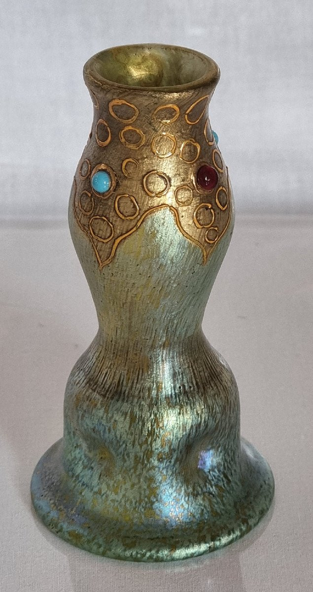 Loetz Delphi 11.4 Cm, Green/blue Papilion Decoration & Stones-photo-1