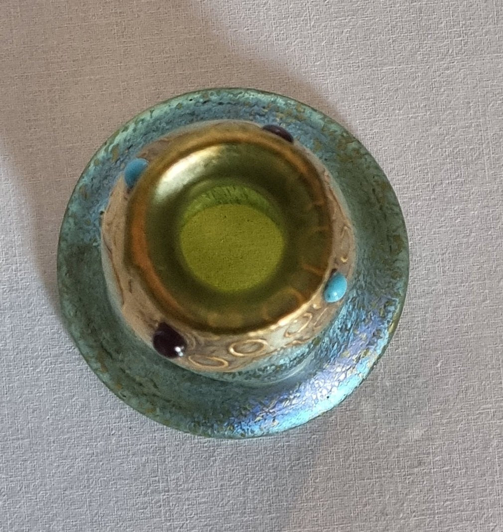 Loetz Delphi 11.4 Cm, Green/blue Papilion Decoration & Stones-photo-3