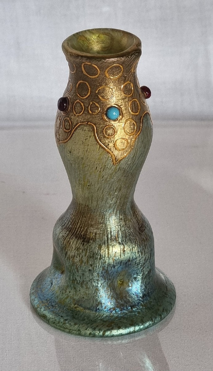 Loetz Delphi 11.4 Cm, Green/blue Papilion Decoration & Stones