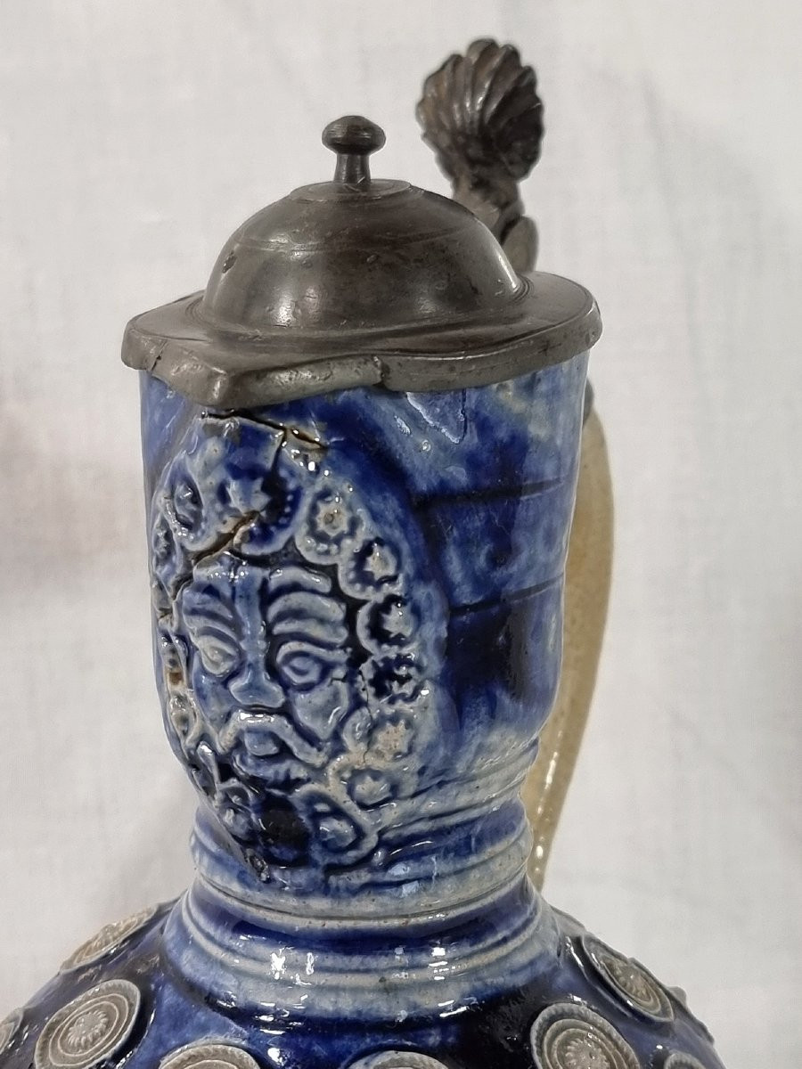 17th-century Stoneware Pitcher From Westerwald – With A Pewter Lid-photo-3