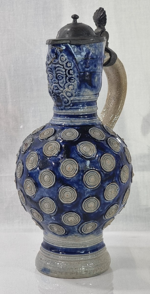 17th-century Stoneware Pitcher From Westerwald – With A Pewter Lid