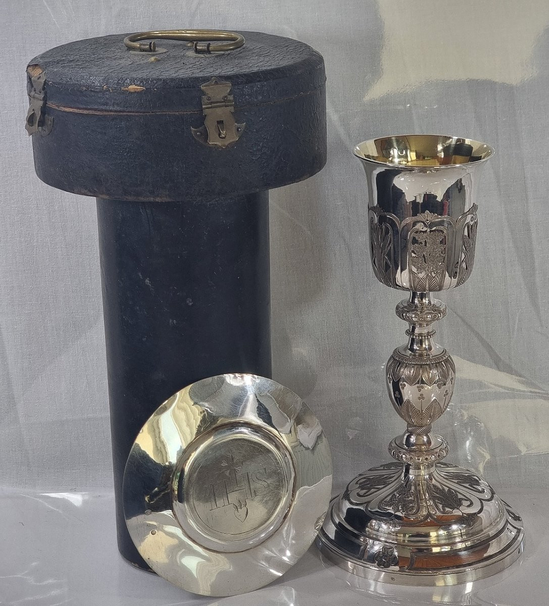 Antique French Chalice, 26 Cm, In Solid 950/1000 Silver (vermeil), Gothic Style, Paten-photo-2