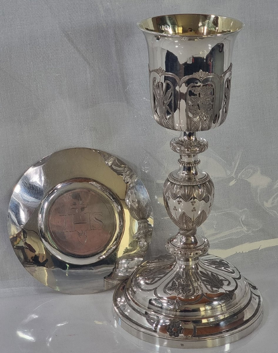Antique French Chalice, 26 Cm, In Solid 950/1000 Silver (vermeil), Gothic Style, Paten-photo-3