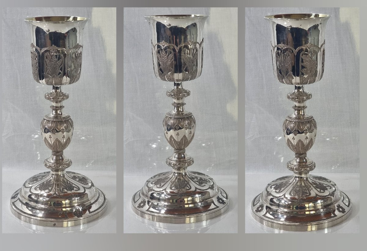 Antique French Chalice, 26 Cm, In Solid 950/1000 Silver (vermeil), Gothic Style, Paten-photo-4