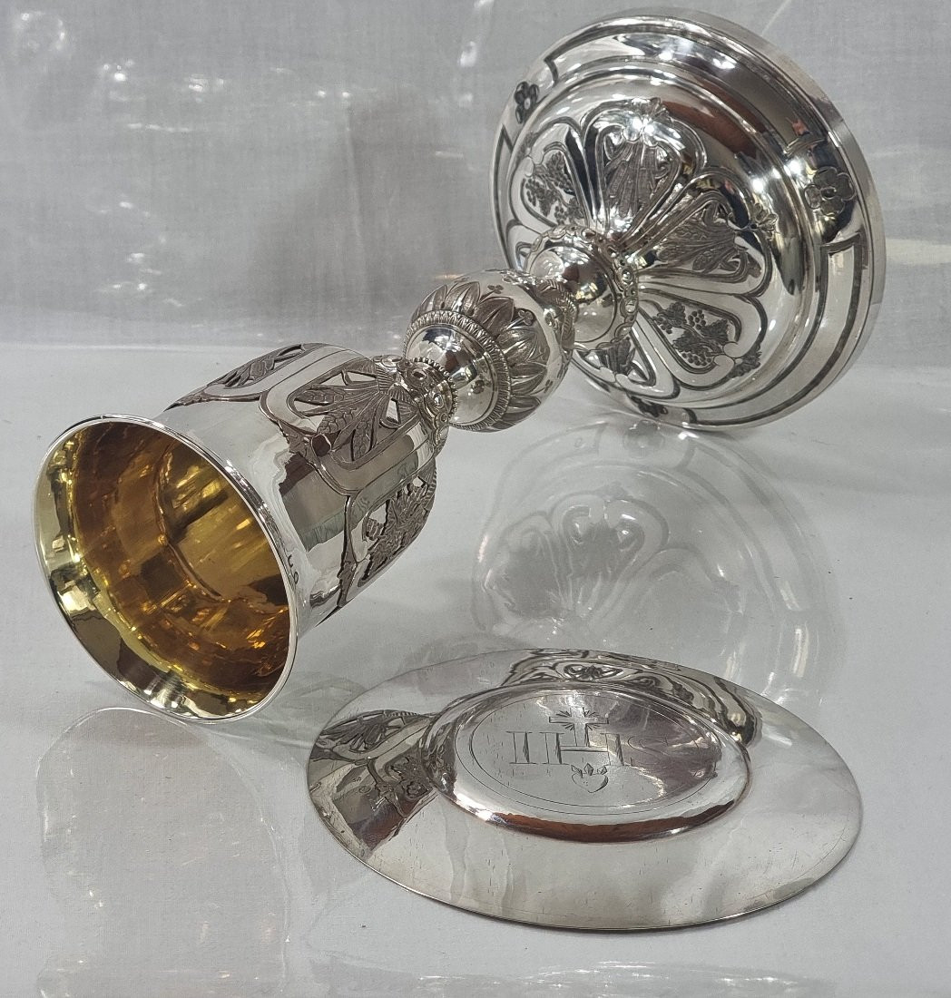 Antique French Chalice, 26 Cm, In Solid 950/1000 Silver (vermeil), Gothic Style, Paten-photo-2