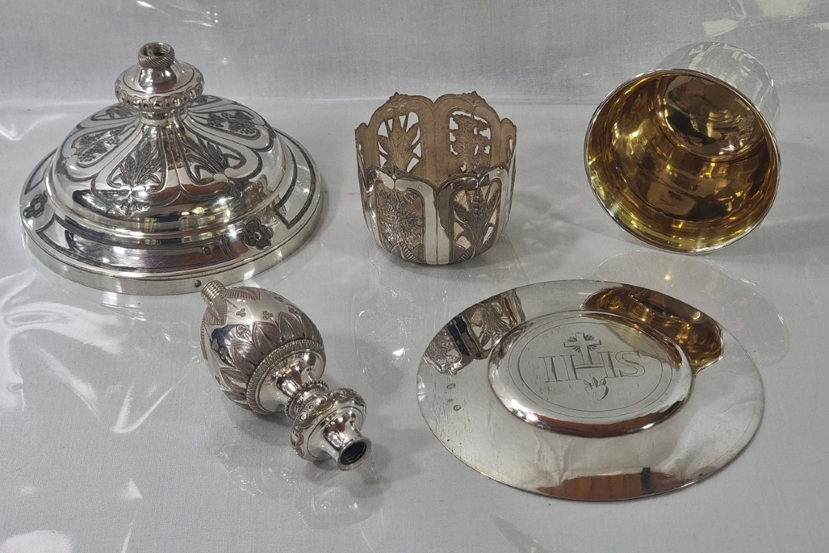 Antique French Chalice, 26 Cm, In Solid 950/1000 Silver (vermeil), Gothic Style, Paten-photo-3