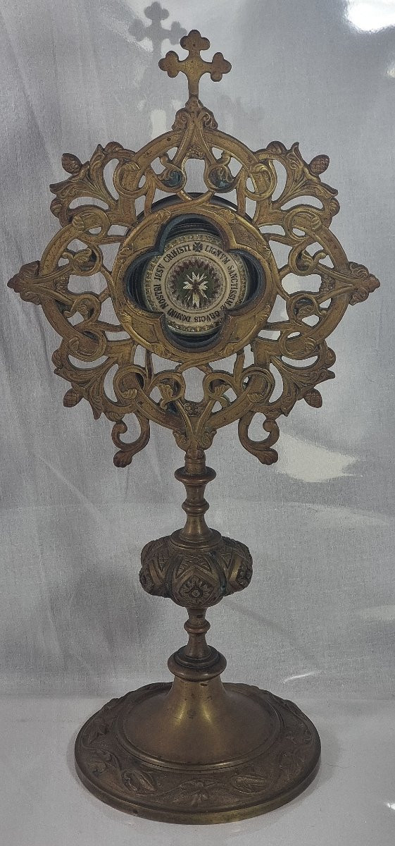 Reliquaire néo-gothique français ancien relique de première classe de la Vraie Croix-photo-2