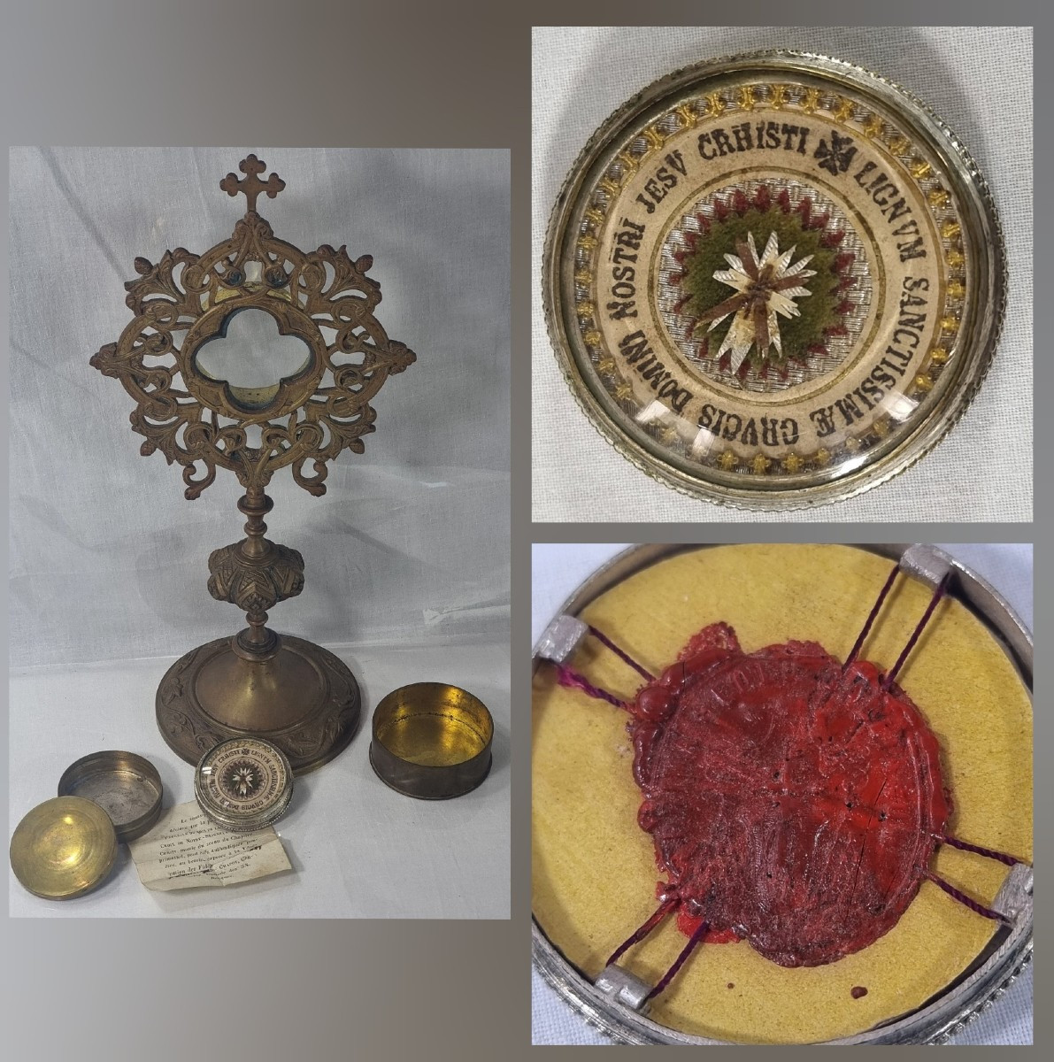 Reliquaire néo-gothique français ancien relique de première classe de la Vraie Croix