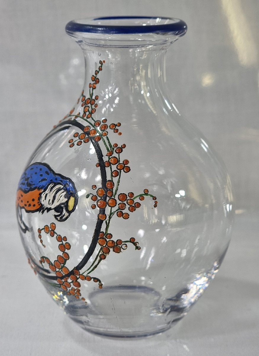 Petit vase Art Déco Marcel Goupy Paris, décor en émail peint à la main représentant un perroque-photo-2