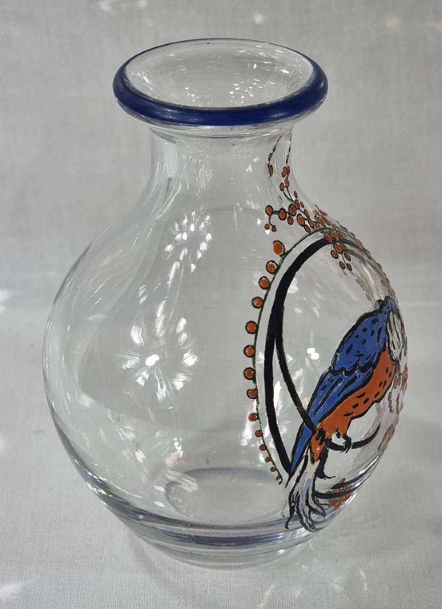 Petit vase Art Déco Marcel Goupy Paris, décor en émail peint à la main représentant un perroque-photo-4