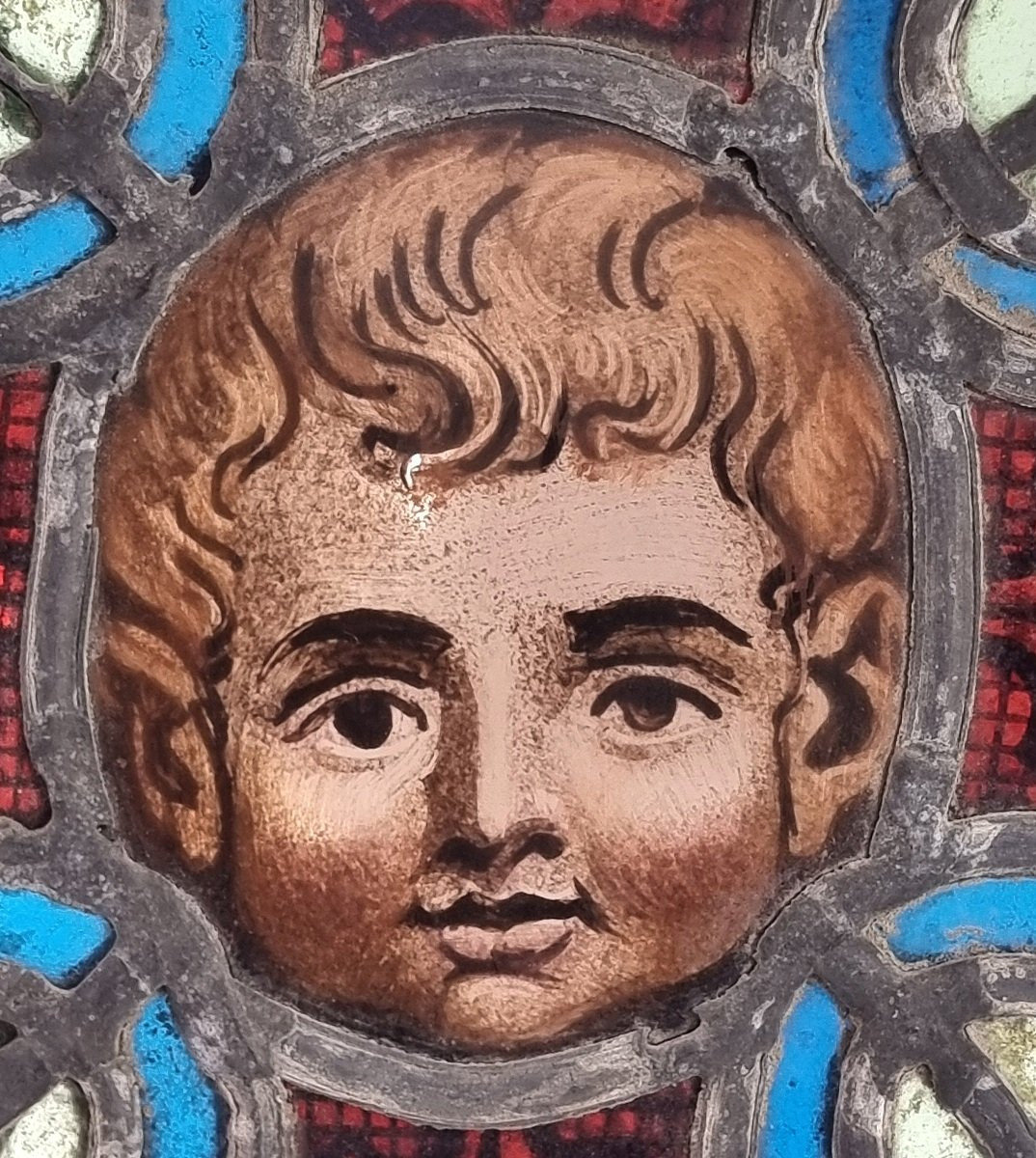 Fragment de vitrail français ancien Médaillon représentant un enfant angélique 18/19ct.-photo-6