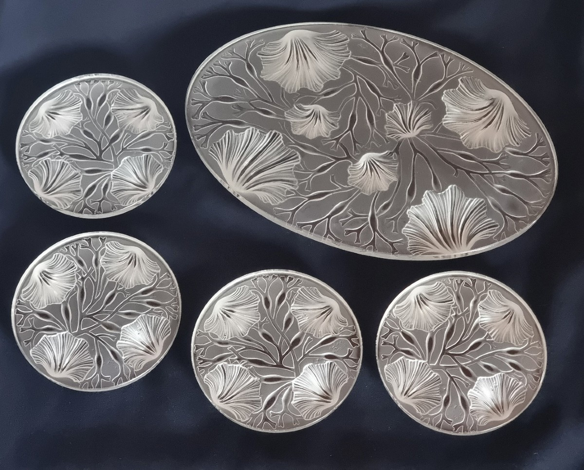 Set Of 5 Decorative Glass Coasters, Scallop Shells, Verlys, France