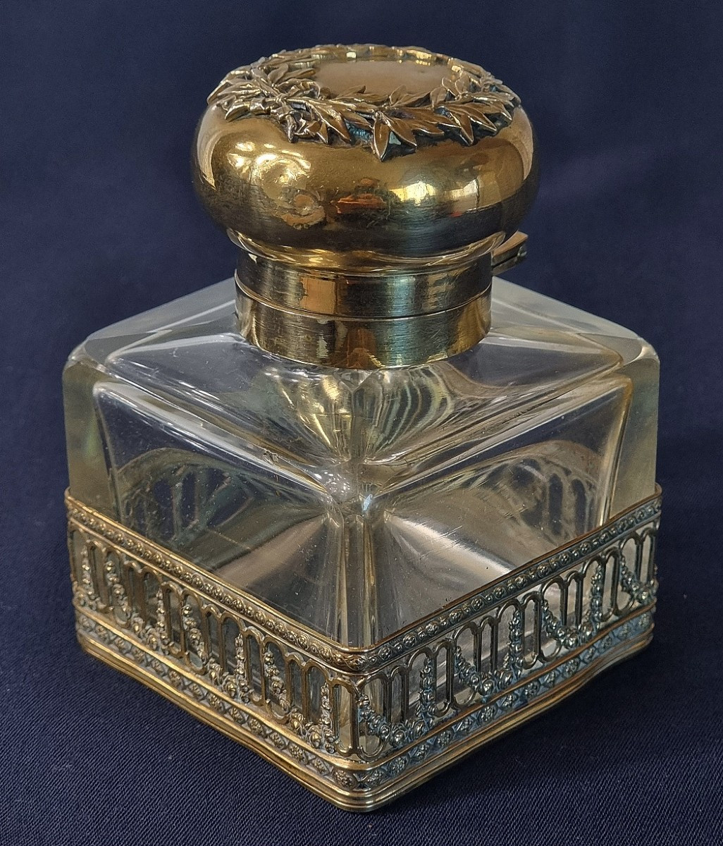 Encrier ancien en verre décoratif français, style Napoléon III