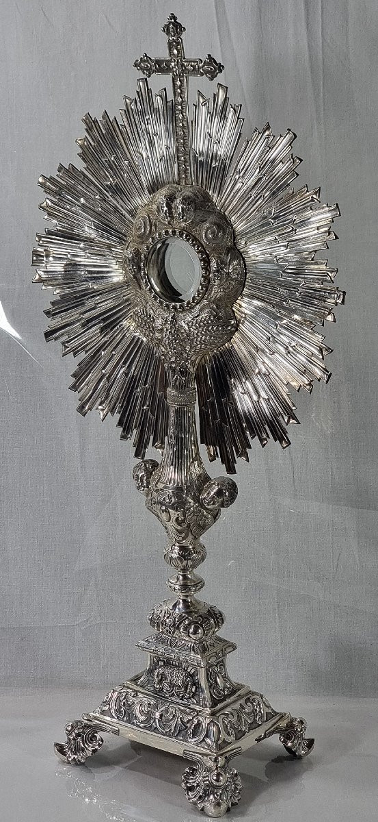 French Baroque Silver Monstrance, Decorated With Sunbeams And Angels' Heads, 56 Cm, 1850-photo-3