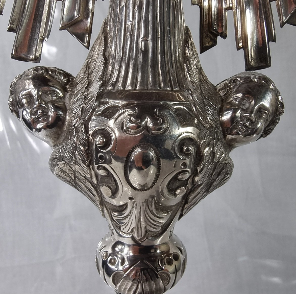 French Baroque Silver Monstrance, Decorated With Sunbeams And Angels' Heads, 56 Cm, 1850-photo-7