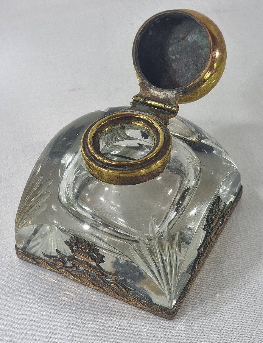 Encrier ancien en cristal de taille moyenne, style Napoléon III, d'époque française.-photo-4